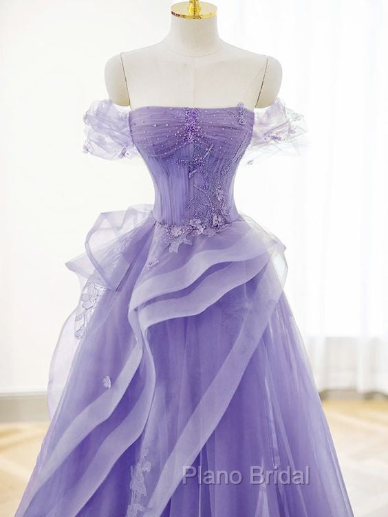A-Line Off Shoulder Tulle Lace Purple Long Formal Prom Dresses, Purple Lace Long Formal Dresses