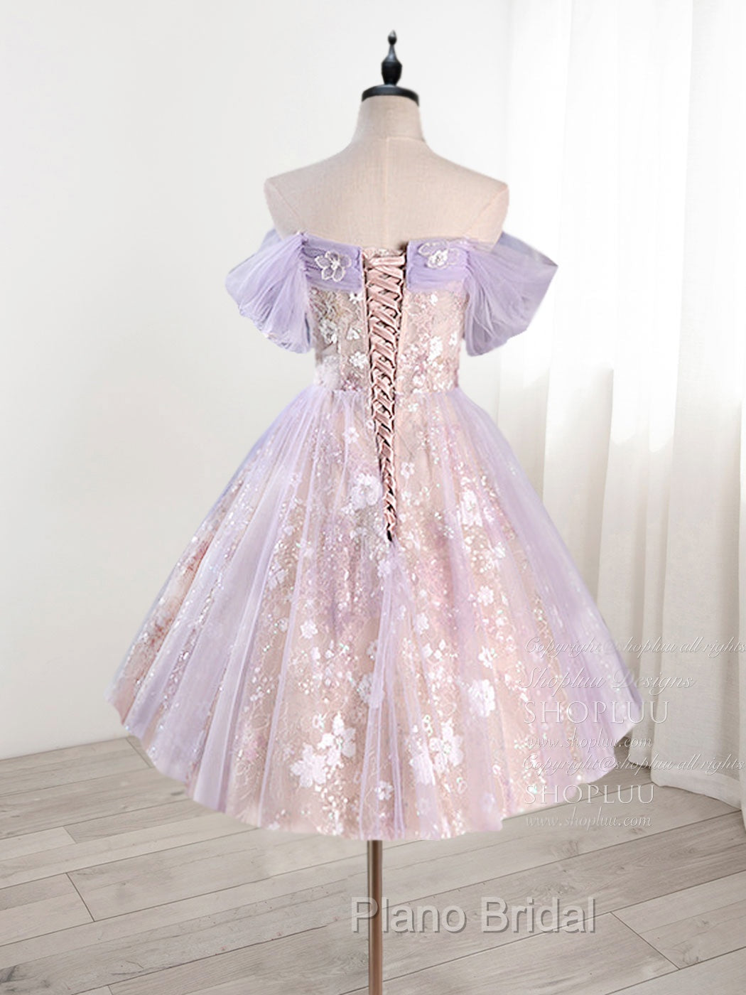 A-Line Off Shoulder Tulle Lace Purple Short Formal Prom Dresses, Cute Purple Homecoming Dresses