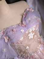 A-Line Off Shoulder Tulle Lace Purple Short Formal Prom Dresses, Cute Purple Homecoming Dresses
