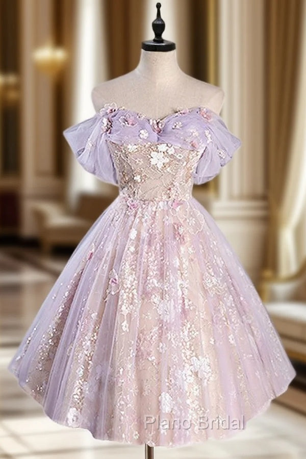 A-Line Off Shoulder Tulle Lace Purple Short Formal Prom Dresses, Cute Purple Homecoming Dresses Main image