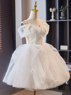 A-Line Off Shoulder Tulle Lace Short Formal Prom Dresses, White Homecoming Dresses
