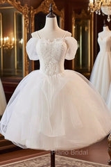 A-Line Off Shoulder Tulle Lace Short Formal Prom Dresses, White Homecoming Dresses