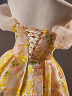 A-Line Off Shoulder Tulle Lace Short Yellow Formal Prom Dresses, Yellow Homecoming Dresses