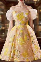 A-Line Off Shoulder Tulle Lace Short Yellow Formal Prom Dresses, Yellow Homecoming Dresses