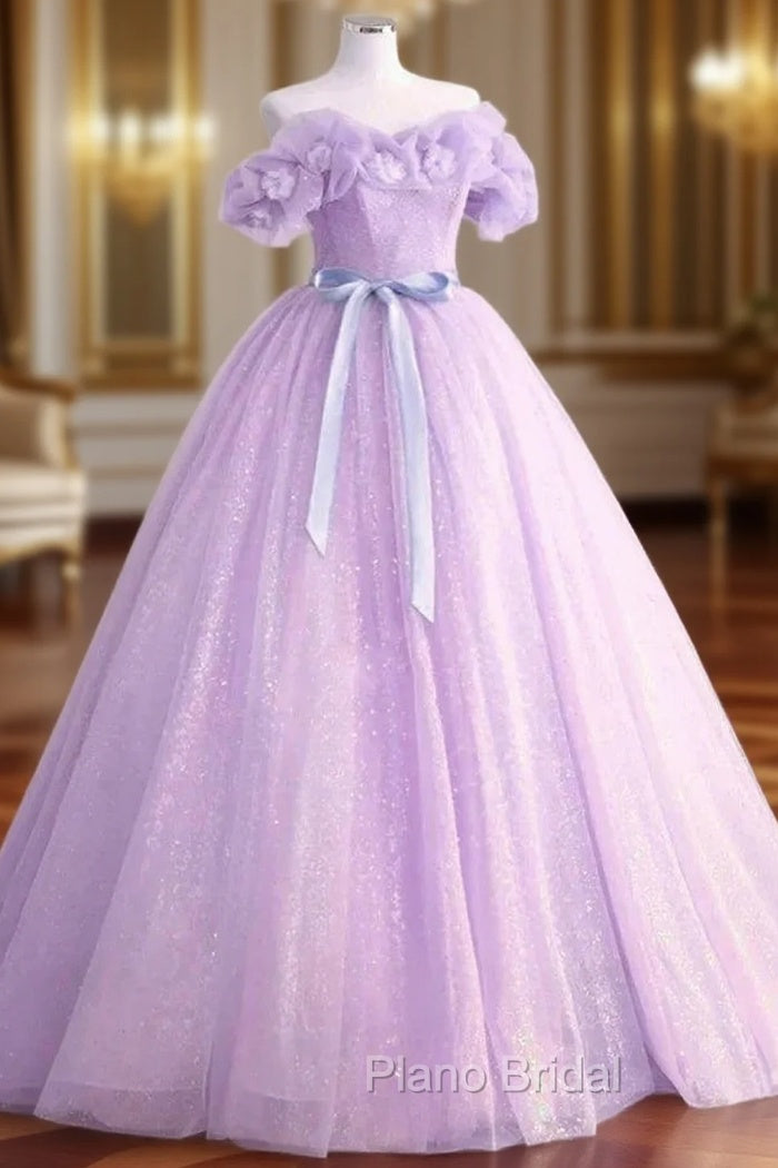 A-Line Off Shoulder Tulle Lavender Long Formal Prom Dresses Main image