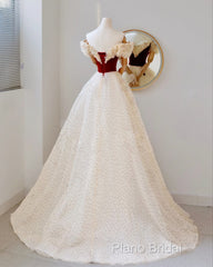 A-Line Off Shoulder Tulle Light Champagne Long Formal Prom Dresses, Light Champagne Formal Dresses