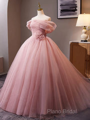 A-Line Off Shoulder Tulle Pink Long Formal Prom Dresses, Pink Long Formal Dresses
