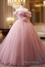 A-Line Off Shoulder Tulle Pink Long Formal Prom Dresses, Pink Long Formal Dresses