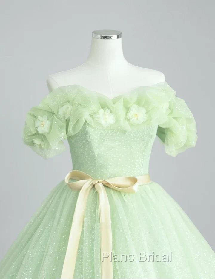 A-Line Off Shoulder Tulle Sage Green Long Formal Prom Dresses