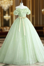 A-Line Off Shoulder Tulle Sage Green Long Formal Prom Dresses