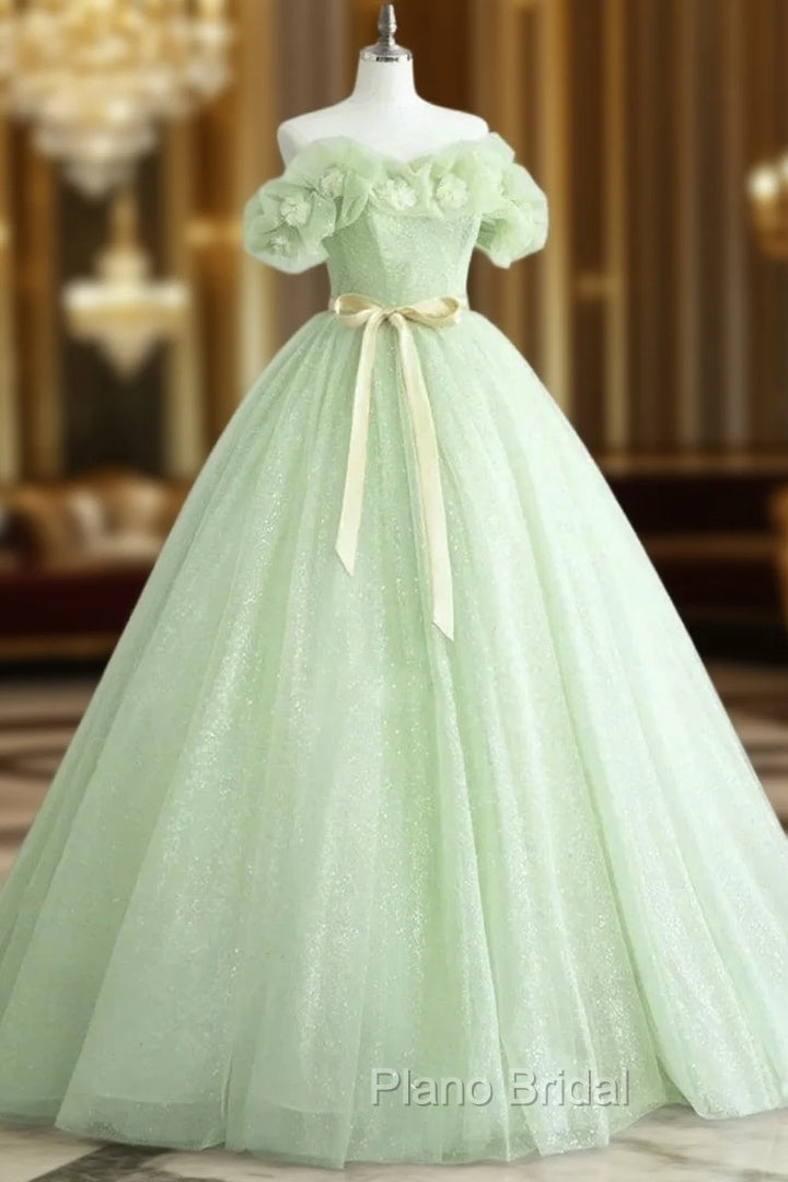 A-Line Off Shoulder Tulle Sage Green Long Formal Prom Dresses