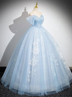 A-Line Off Shoulder Tulle Sequin Blue Long Formal Prom Dresses, Blue Sweet 16 Dresses