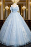 A-Line Off Shoulder Tulle Sequin Blue Long Formal Prom Dresses, Blue Sweet 16 Dresses
