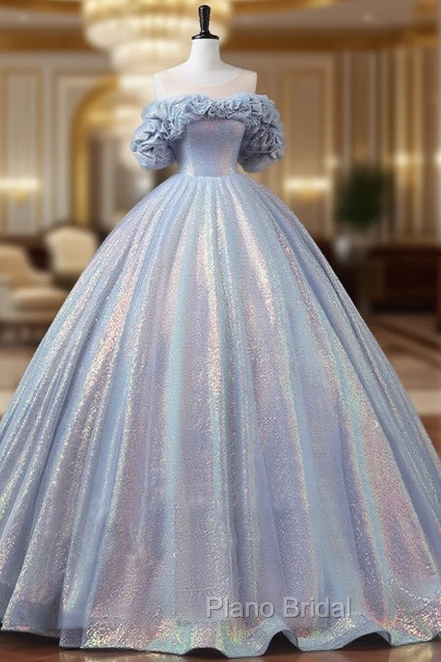 A-Line Off Shoulder Tulle Sequin Blue Purple Long Formal Prom Dresses, Sequin Formal Dresses Main image
