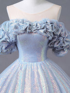 A-Line Off Shoulder Tulle Sequin Blue Purple Long Formal Prom Dresses, Sequin Formal Dresses