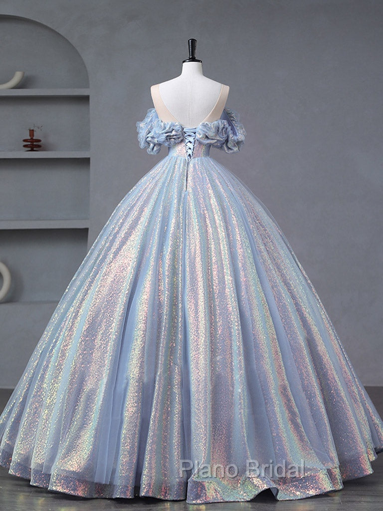 A-Line Off Shoulder Tulle Sequin Blue Purple Long Formal Prom Dresses, Sequin Formal Dresses