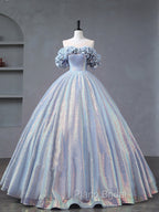 A-Line Off Shoulder Tulle Sequin Blue Purple Long Formal Prom Dresses, Sequin Formal Dresses