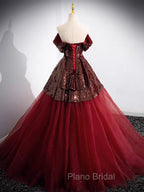 A-Line Off Shoulder Tulle Sequin Burgundy Long Formal Prom Dresses, Burgundy Evening Dresses