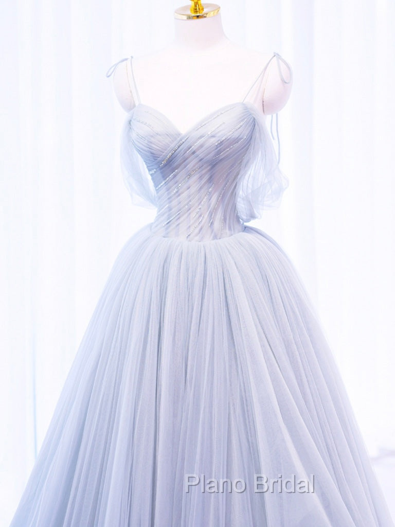 A-Line Off Shoulder Tulle Sequin Gray Long Formal Prom Dresses, Gray Tulle Formal Dresses Secondary image