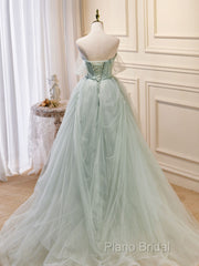 A-Line Off Shoulder Tulle Sequin Green Long Formal Prom Dresses, Green Formal Dresses