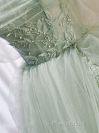 A-Line Off Shoulder Tulle Sequin Green Long Formal Prom Dresses, Green Formal Dresses