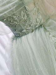 A-Line Off Shoulder Tulle Sequin Green Long Formal Prom Dresses, Green Formal Dresses