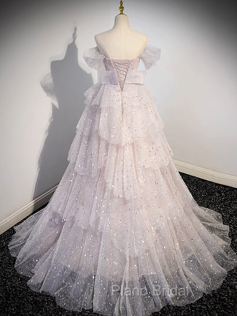 A-line Off Shoulder Tulle Sequin Light Pink Long Formal Prom Dresses,Sequin Long Evening Dresses