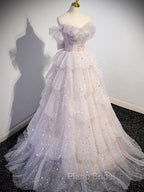 A-line Off Shoulder Tulle Sequin Light Pink Long Formal Prom Dresses,Sequin Long Evening Dresses