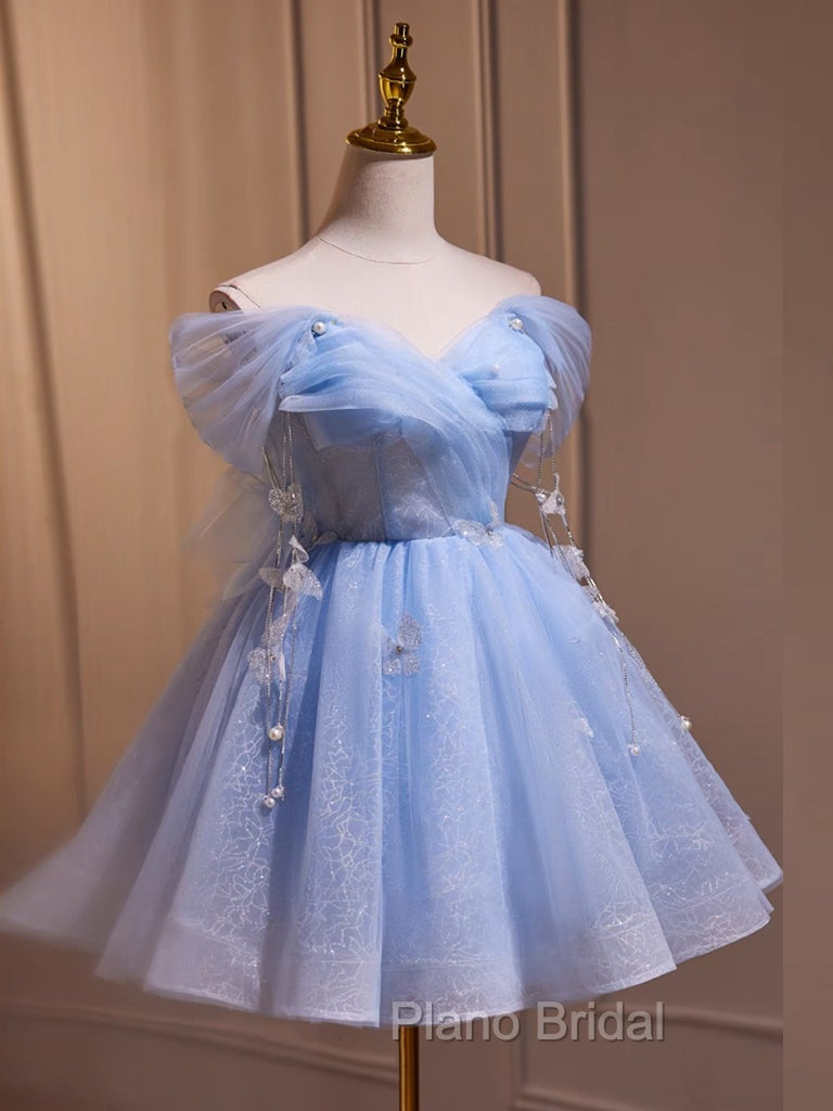 A-Line Off Shoulder Tulle Short Blue Formal Prom Dresses, Cute Blue Homecoming Dresses Secondary image