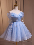 A-Line Off Shoulder Tulle Short Blue Formal Prom Dresses, Cute Blue Homecoming Dresses