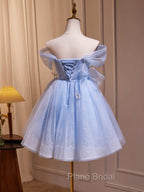 A-Line Off Shoulder Tulle Short Blue Formal Prom Dresses, Cute Blue Homecoming Dresses