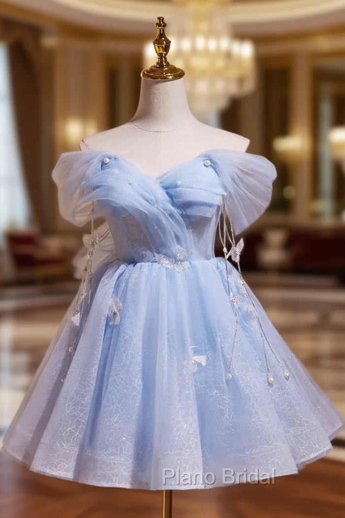 A-Line Off Shoulder Tulle Short Blue Formal Prom Dresses, Cute Blue Homecoming Dresses Main image