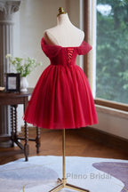 A-Line Off Shoulder V Neck Tulle Burgundy Short Formal Prom Dresses With Beads