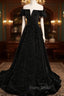 A-Line Off Shoulder Velvet Black Long Formal Prom Dresses, Black Formal Evening Dresses