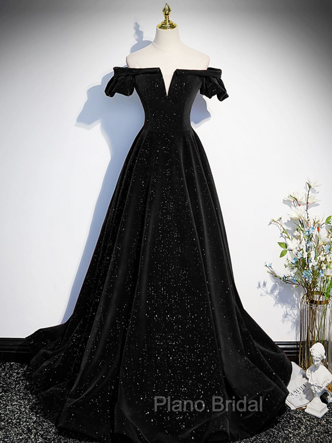 A-Line Off Shoulder Velvet Black Long Formal Prom Dresses, Black Formal Evening Dresses Main image