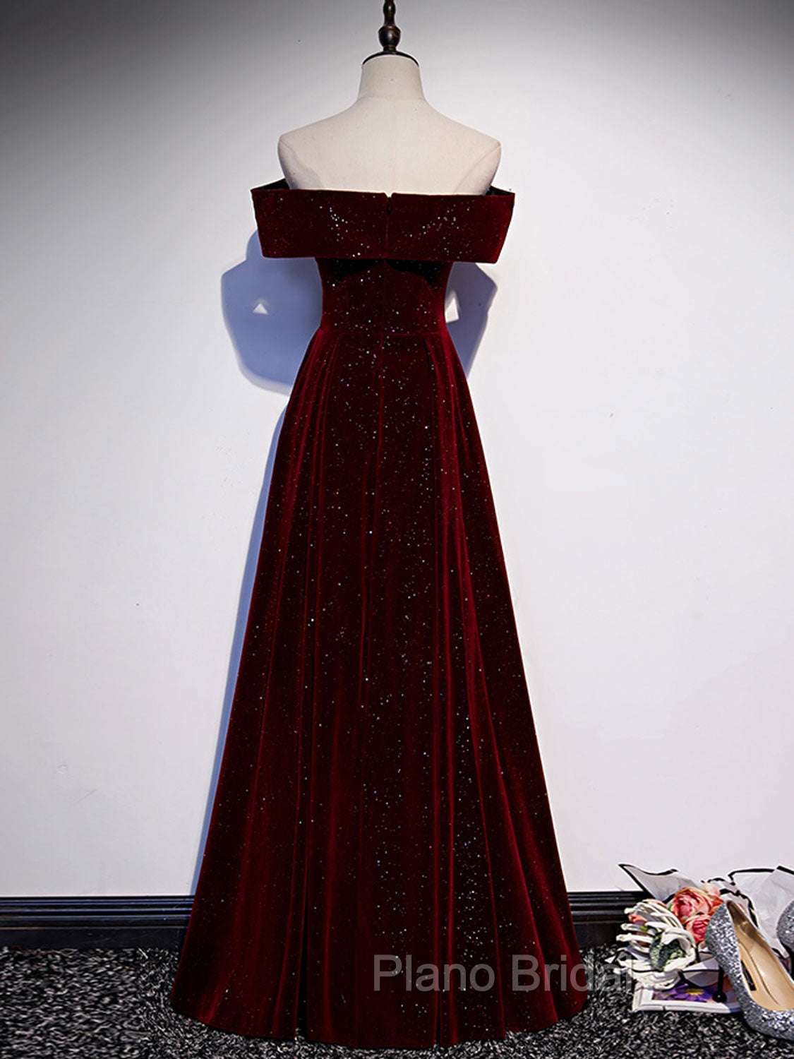 A-Line Off Shoulder Velvet Burgundy Long Formal Prom Dresses, Burgundy Long Formal Dresses