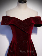 A-Line Off Shoulder Velvet Burgundy Long Formal Prom Dresses, Burgundy Long Formal Dresses
