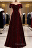 A-Line Off Shoulder Velvet Burgundy Long Formal Prom Dresses, Burgundy Long Formal Dresses
