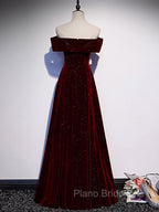 A-Line Off Shoulder Velvet Burgundy Long Formal Prom Dresses, Burgundy Long Formal Dresses