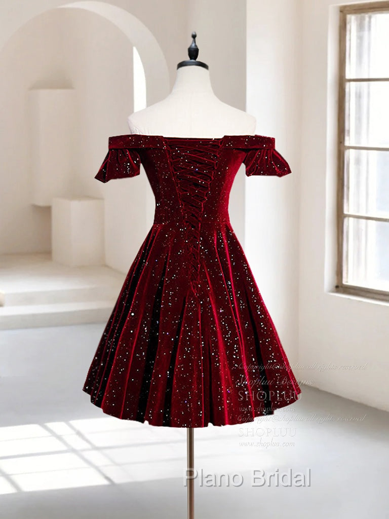 A-Line Off Shoulder Velvet Burgundy Short Formal Prom Dresses, Burgundy Homecoming Dresses Secondary image