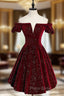 A-Line Off Shoulder Velvet Burgundy Short Formal Prom Dresses, Burgundy Homecoming Dresses