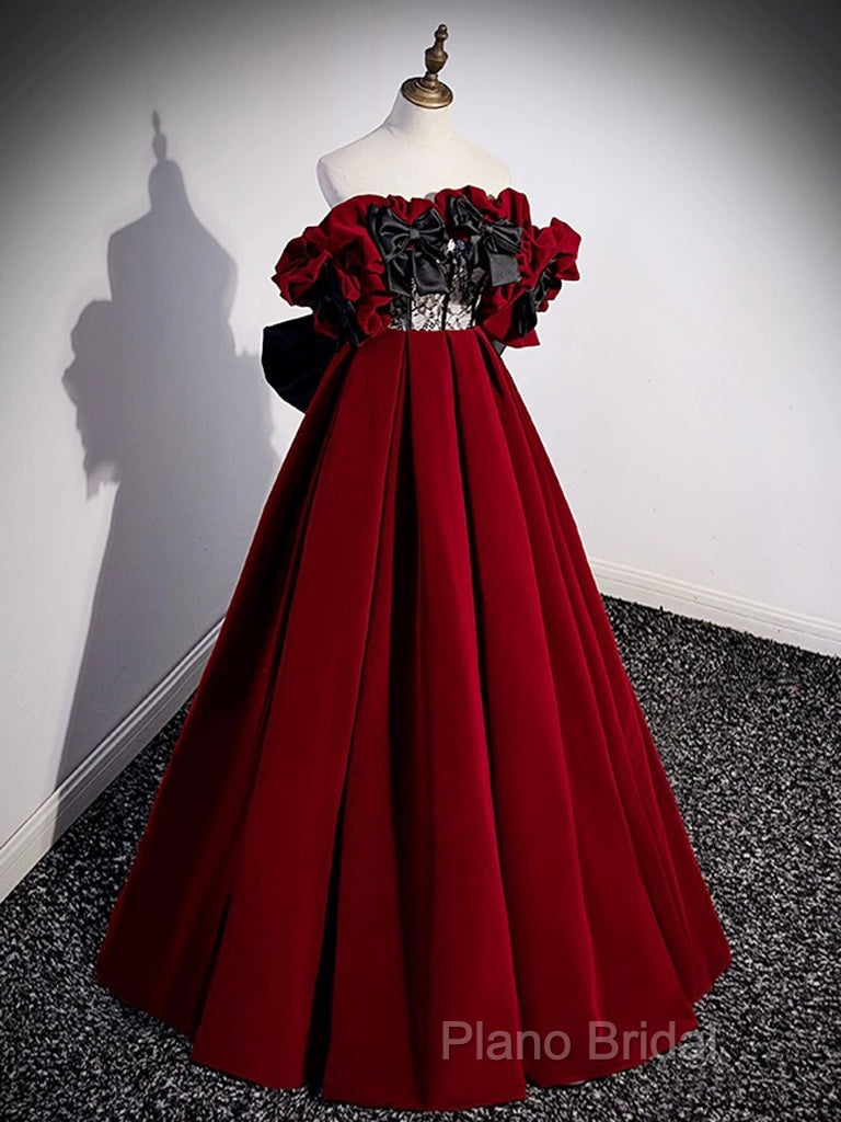 A-Line Off Shoulder Velvet Lace Burgundy Long Formal Prom Dresses, Burgundy Long Formal Dresses