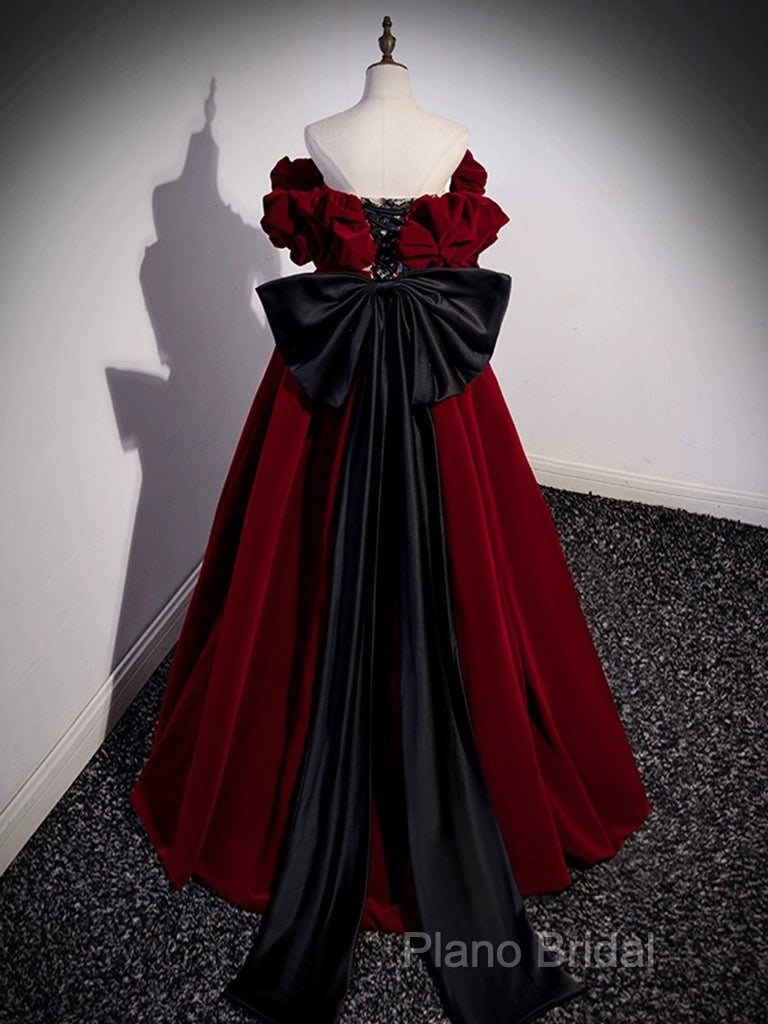 A-Line Off Shoulder Velvet Lace Burgundy Long Formal Prom Dresses, Burgundy Long Formal Dresses
