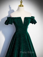 A-Line Off Shoulder Velvet Long Formal Prom Dresses, Green Velvet Graduation Dresses