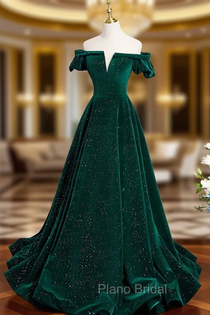 A-Line Off Shoulder Velvet Long Formal Prom Dresses, Green Velvet Graduation Dresses Main image