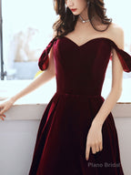 A-Line off Shoulder Velvet Tea Length Burgundy Prom Dress, Burgundy Evening Dress