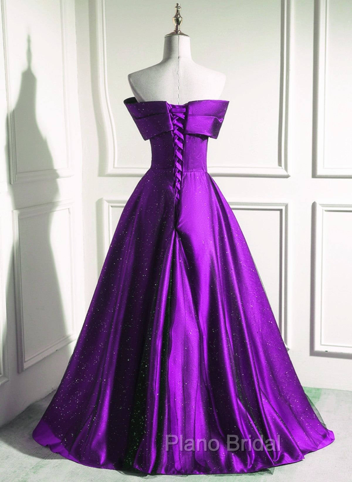A-Line Off Shouolder Black And Purple Satin Party Dresses, Long Formal Prom Dresses