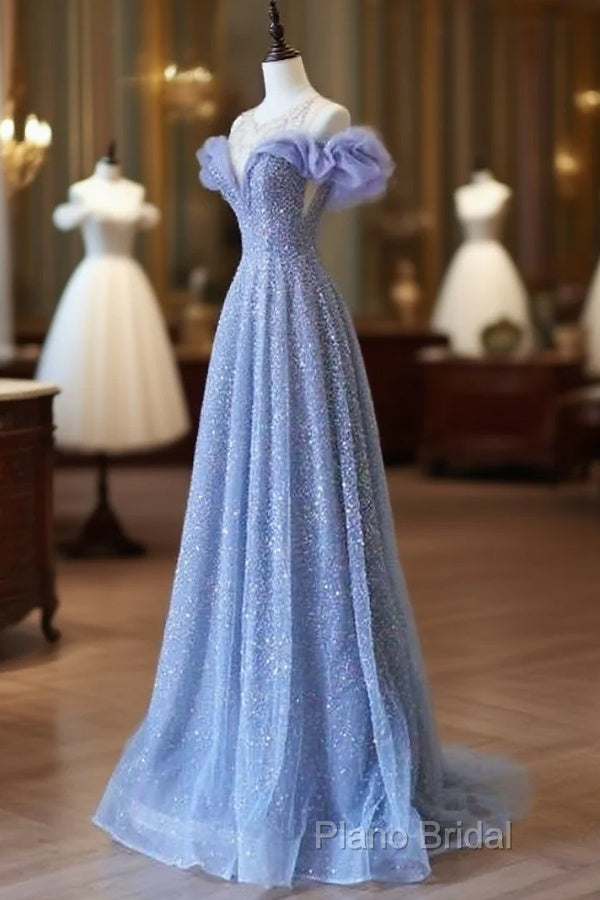 A Line Off The Shoulder Blue Long Formal Prom Dresses Formal Dresses Main image