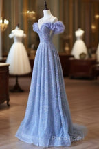 A Line Off The Shoulder Blue Long Formal Prom Dresses Formal Dresses