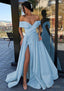 A-line Off-the-Shoulder Cap Straps Sweep Train Satin Prom Dresses With Pleated Split